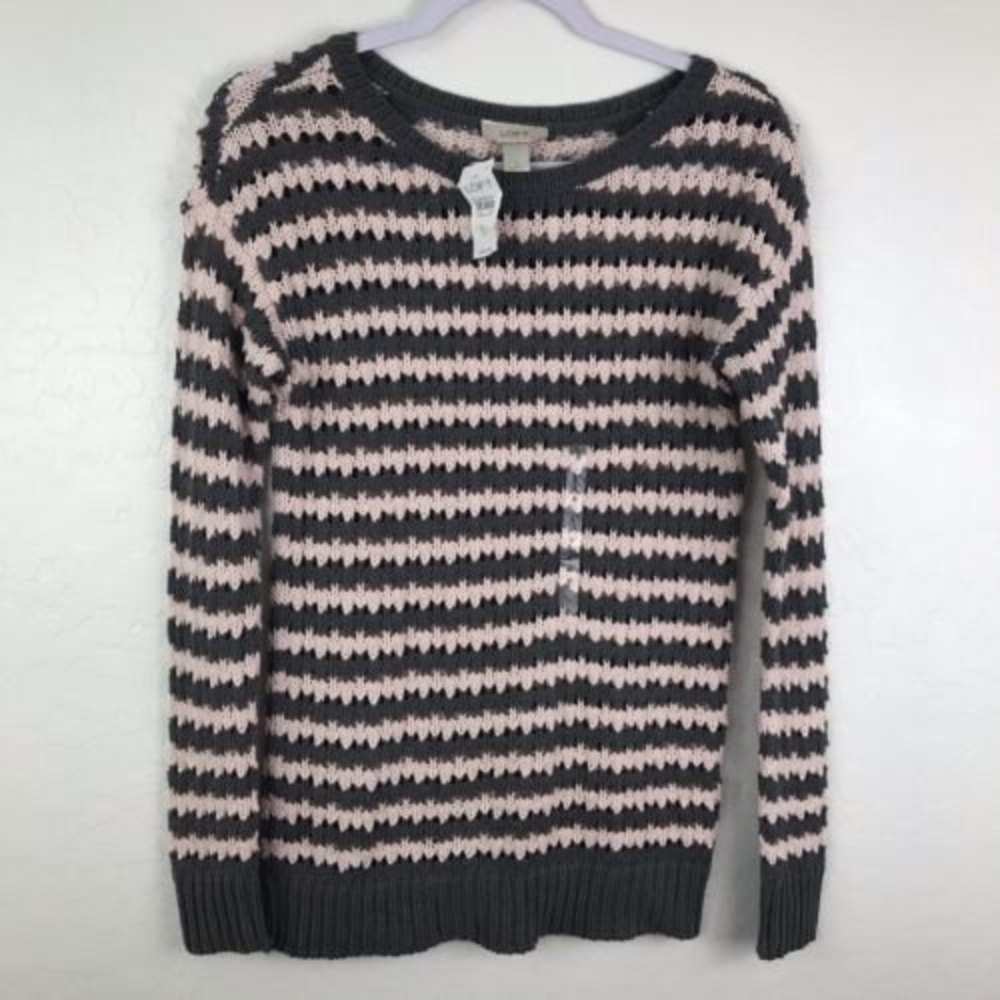 Ann Taylor LOFT Women's Crochet Sweater Striped Pink Gray Long Sleeve